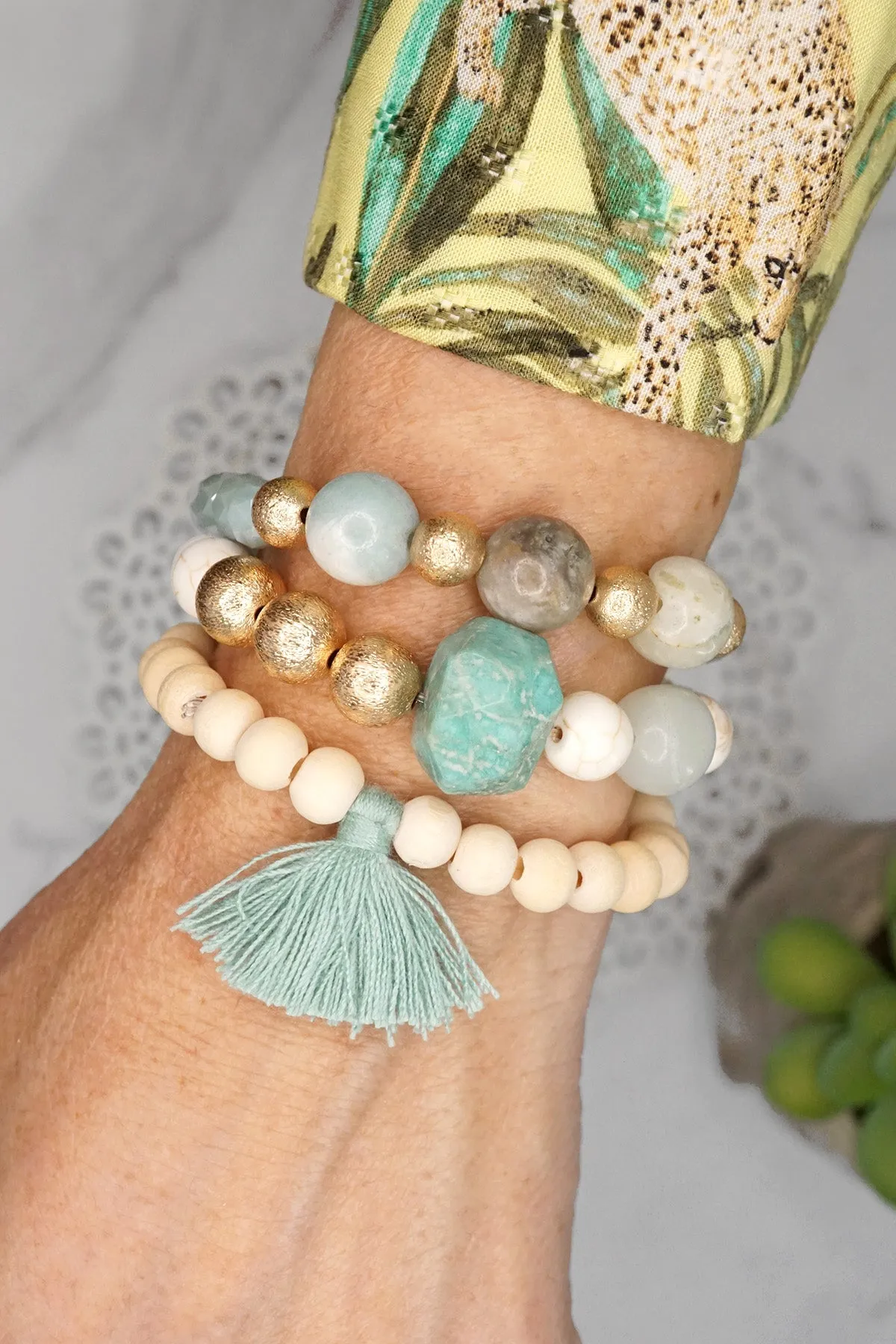 Boho Beads Tassel Bracelets set with Semi Precious stones beads Mint and white