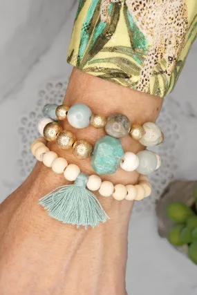 Boho Beads Tassel Bracelets set with Semi Precious stones beads Mint and white
