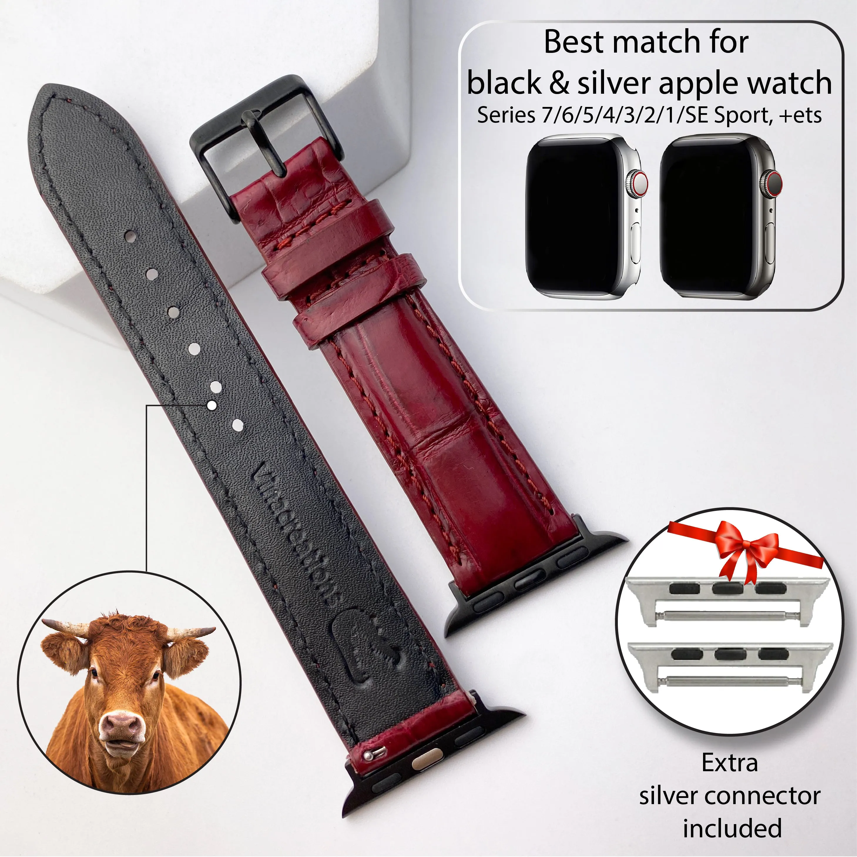 Burgundy Alligator Leather Strap for Apple Watch Ultra Series 8 7 6 5 4 3 SE | AW-70
