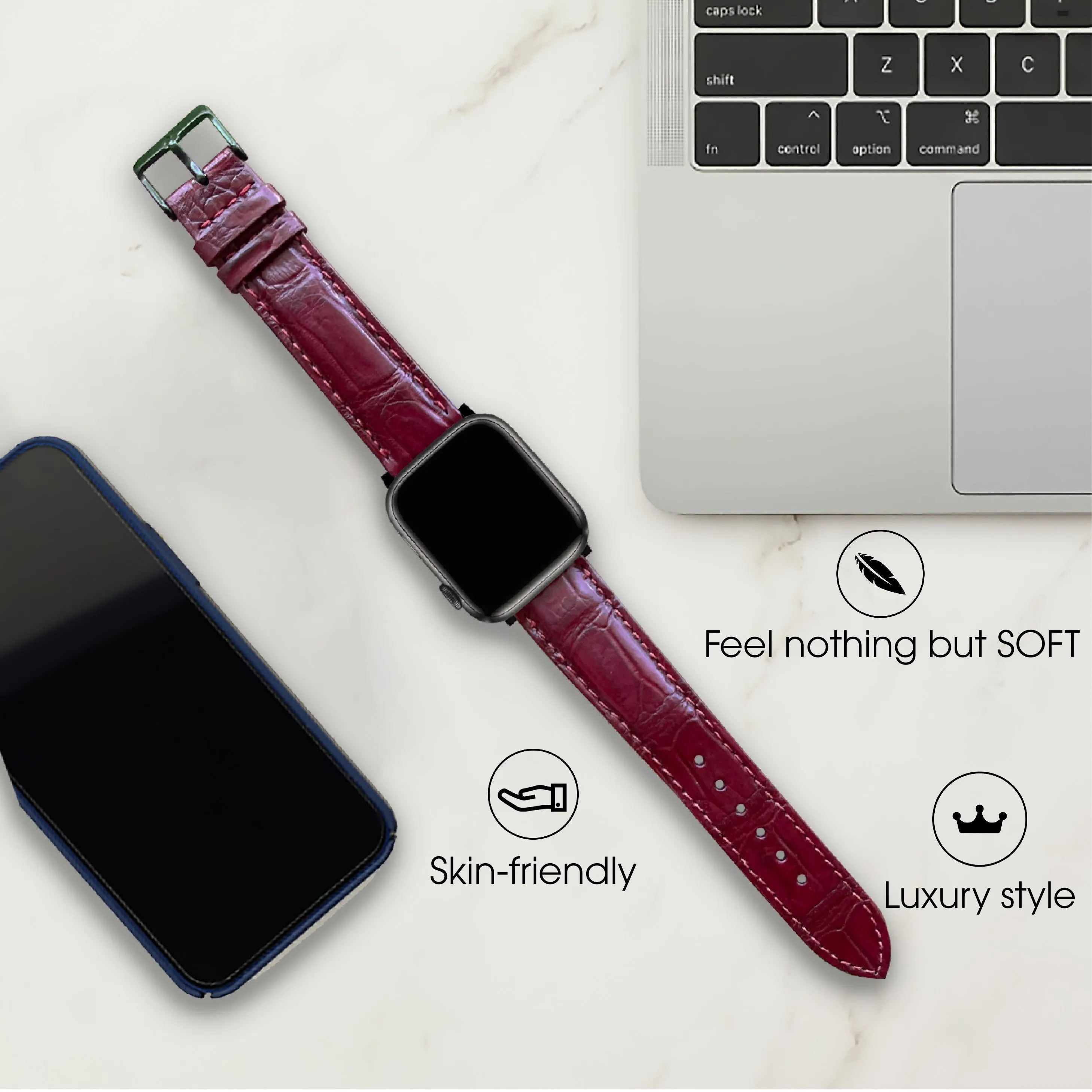 Burgundy Alligator Leather Strap for Apple Watch Ultra Series 8 7 6 5 4 3 SE | AW-70