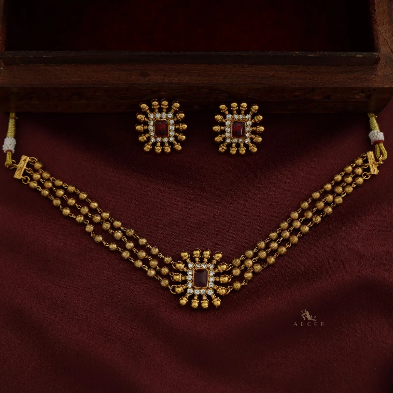 Chathurmukhi 3 Layer Golden Ball Choker With Earring